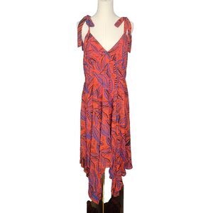 ALEXIS for Target Dress L Orange Red Blue Botanical Tie Strap Asymmetrical Hem